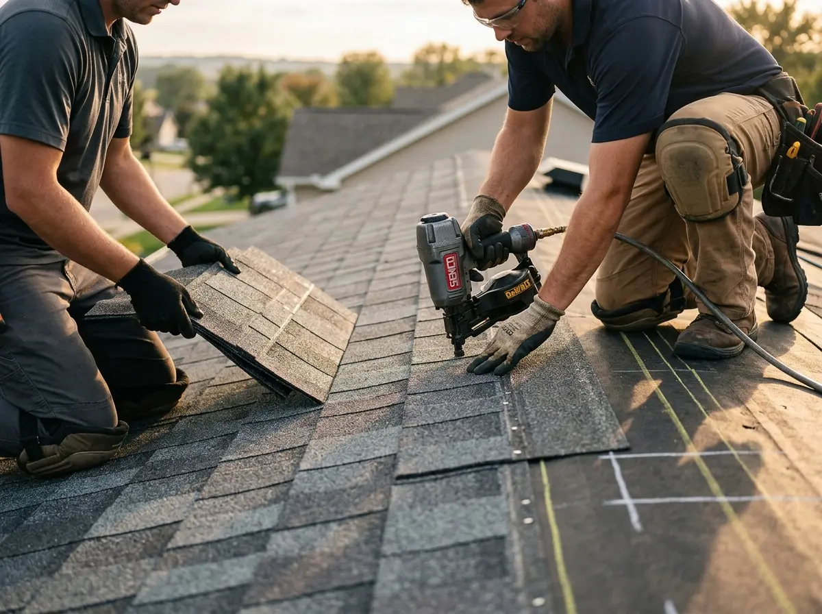 Professional roofer working on a residential roof in Rigby